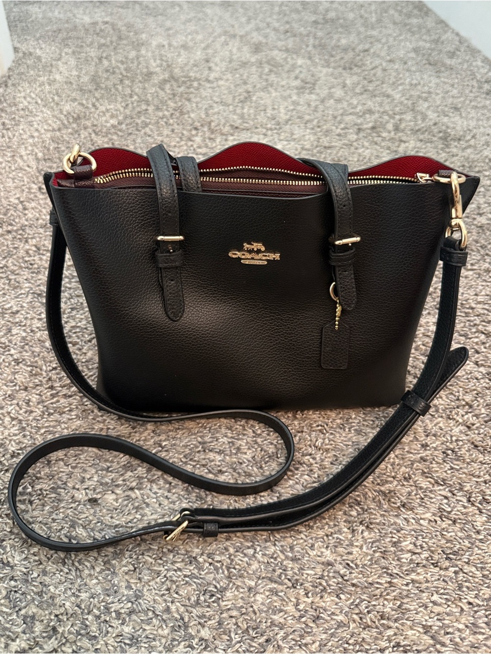 COACH Black Pebbled Leather Mollie Tote 25 with Red Interior